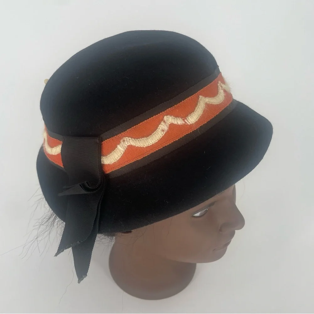 Vintage Women’s Black Felt Cloche Hat with Burnt Orange Accent Burnt Orange Felted Wool Cloche Hat: Handmade Winter Hat  main image 4